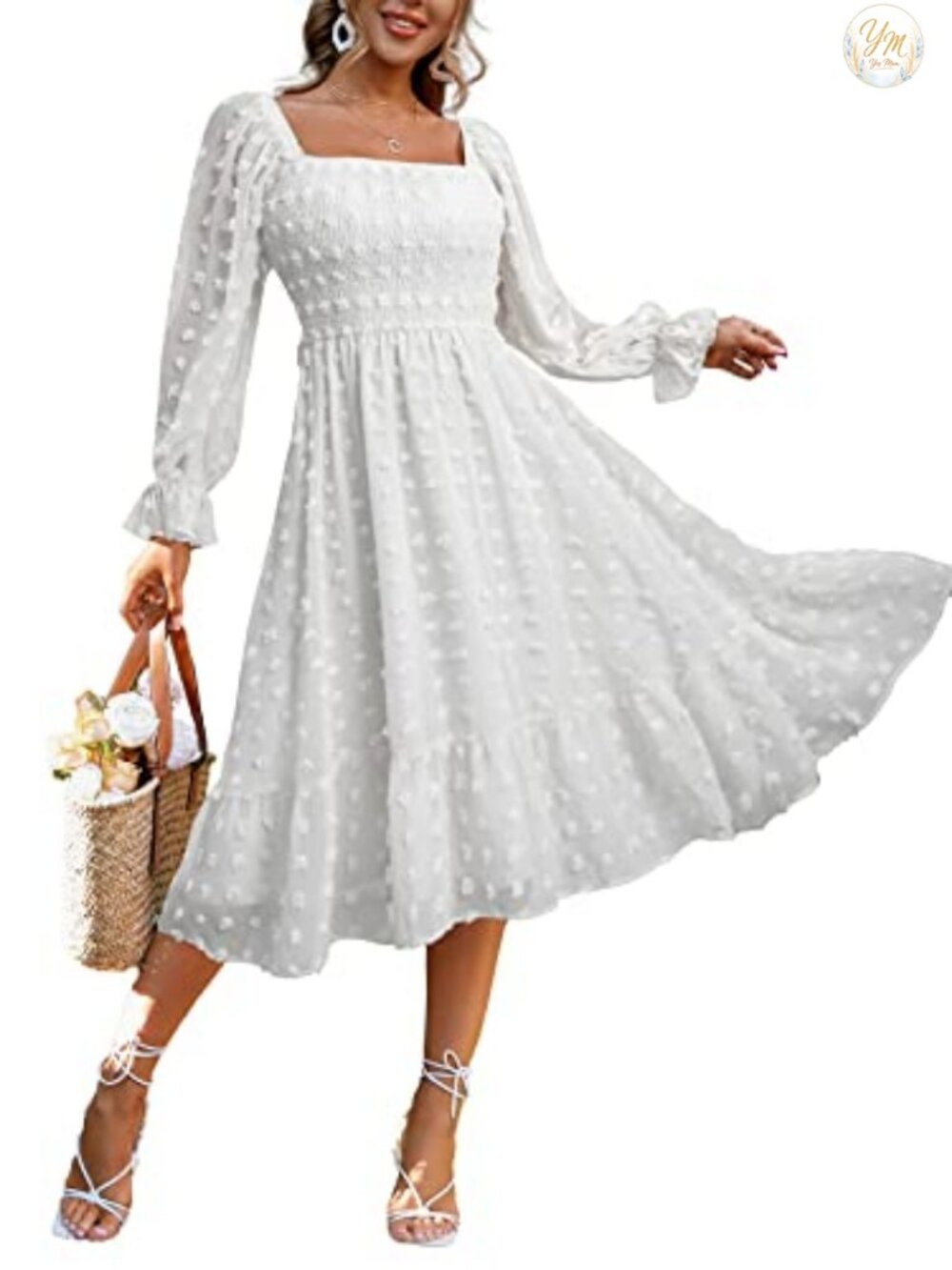 Boho Flowy Long Sleeve Square Neck Floral Midi Dress Smocked Wedding Guest